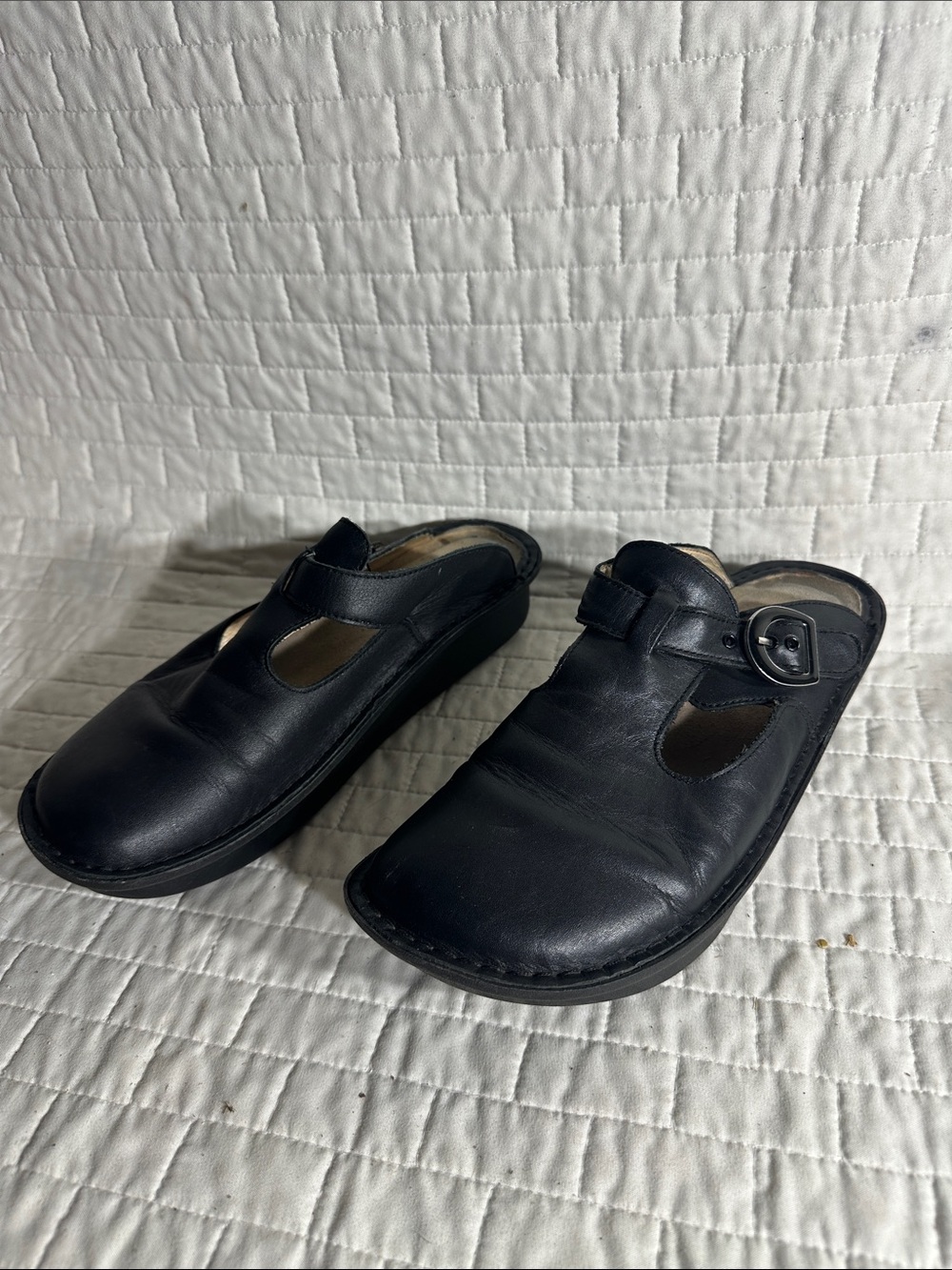 Alegria Classic Clogs in black leather featuring an adjustable side buckle strap